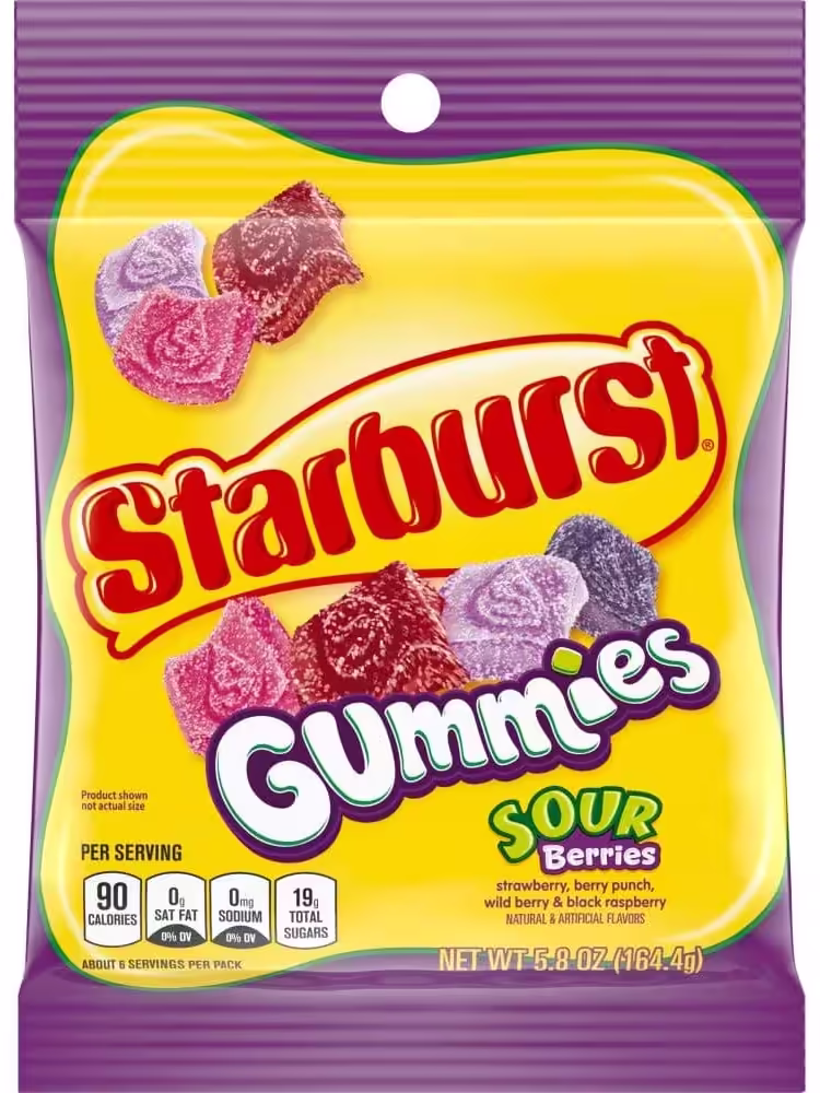 Bag of STARBURST Sour Berries Gummy Candy featuring a 5.8-ounce pack with assorted berry-flavored gummies, including cherry, strawberry, blue raspberry, and watermelon.