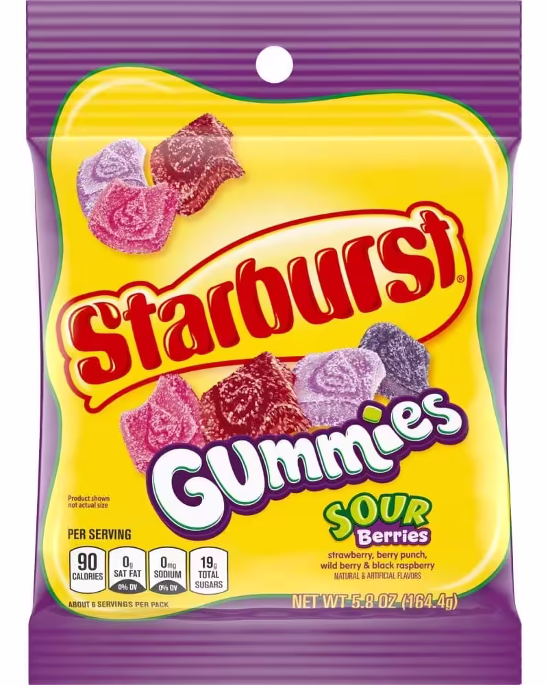 Bag of STARBURST Sour Berries Gummy Candy featuring a 5.8-ounce pack with assorted berry-flavored gummies, including cherry, strawberry, blue raspberry, and watermelon.