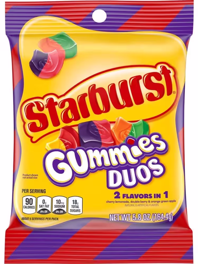 Bag of STARBURST DUOS Gummy Candy featuring a mix of cherry lemonade, double berry, and orange green apple flavors, 5.8 ounces.