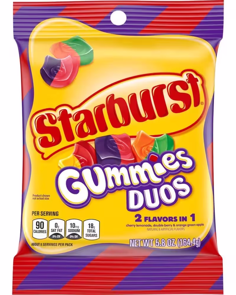 Bag of STARBURST DUOS Gummy Candy featuring a mix of cherry lemonade, double berry, and orange green apple flavors, 5.8 ounces.