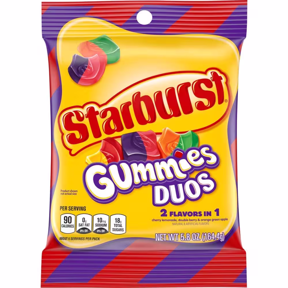 Bag of STARBURST DUOS Gummy Candy featuring a mix of cherry lemonade, double berry, and orange green apple flavors, 5.8 ounces.