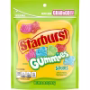 Bag of STARBURST Sour Gummy Candy in an 8 oz resealable pouch, showcasing an assortment of cherry, strawberry, blue raspberry, and watermelon flavors