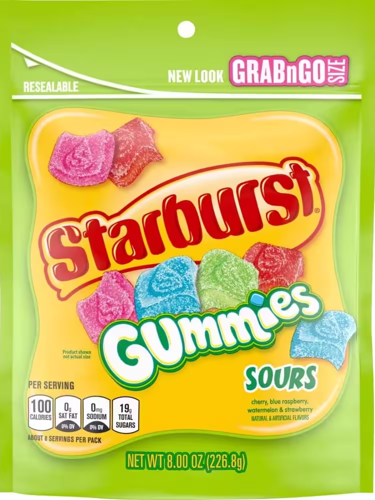 Bag of STARBURST Sour Gummy Candy in an 8 oz resealable pouch, showcasing an assortment of cherry, strawberry, blue raspberry, and watermelon flavors