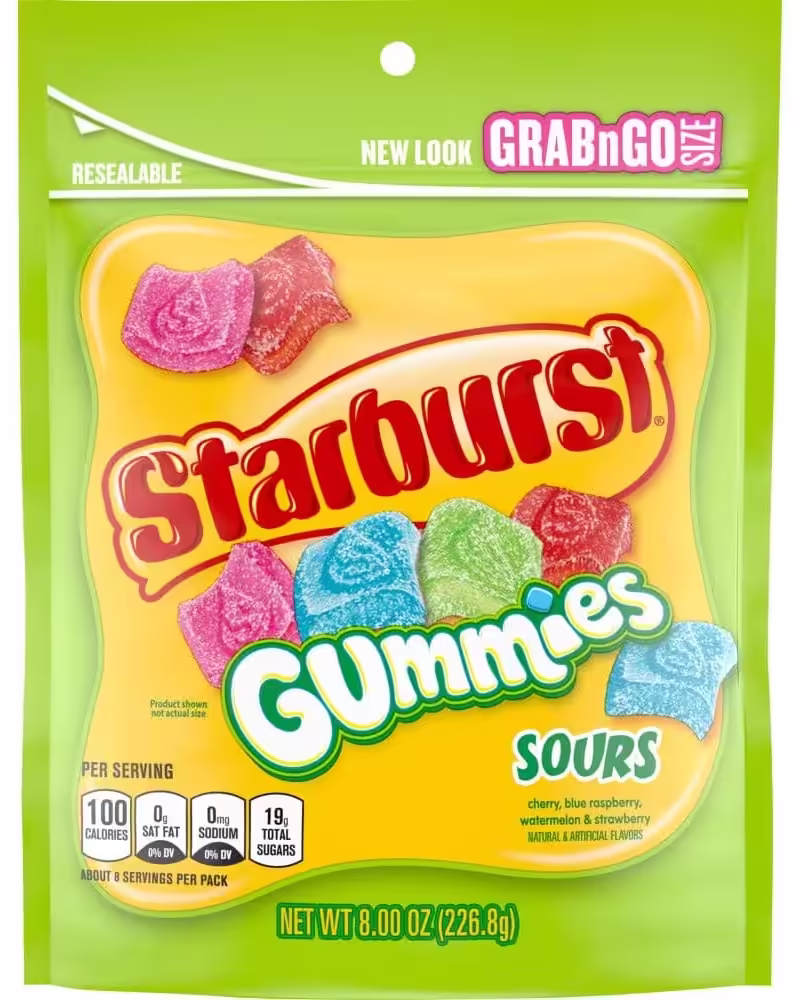 Bag of STARBURST Sour Gummy Candy in an 8 oz resealable pouch, showcasing an assortment of cherry, strawberry, blue raspberry, and watermelon flavors