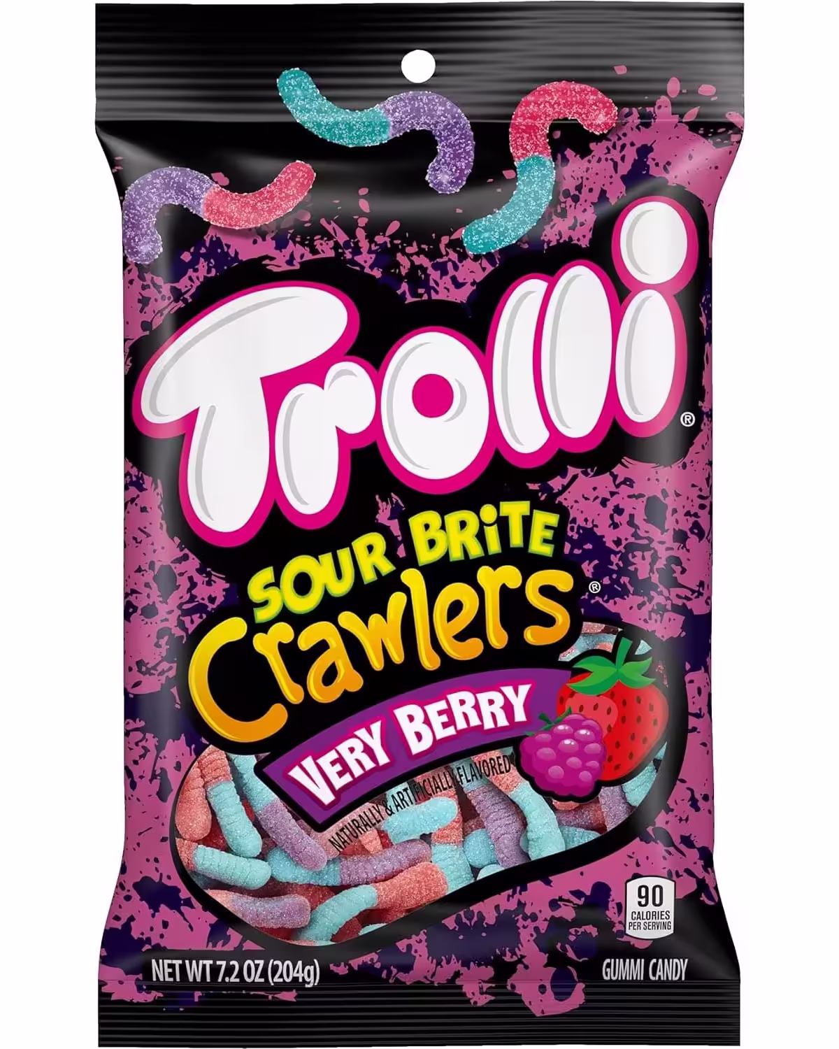 A pack of Trolli Sour Brite Crawlers Very Berry gummy worms with berry flavor combinations, featuring bright, colorful packaging and soft, chewy candies