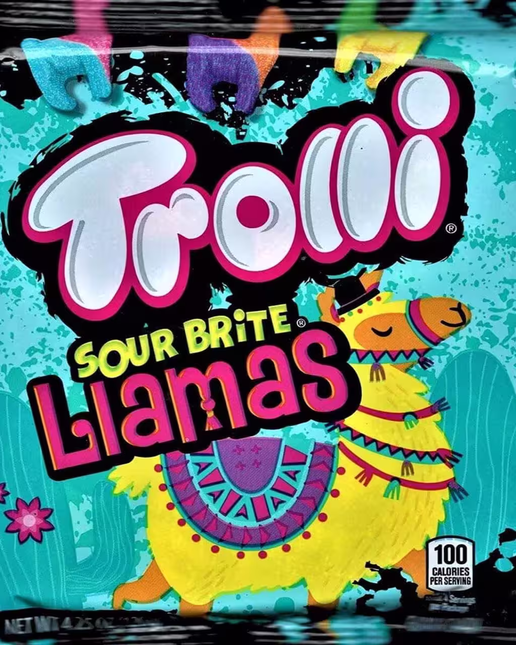 Bag of Trolli Sour Brite Llamas Gummi Candy featuring colorful llama-shaped gummies in assorted berry flavors