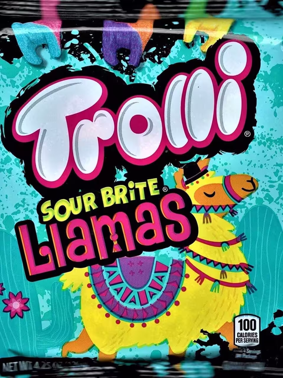 Bag of Trolli Sour Brite Llamas Gummi Candy featuring colorful llama-shaped gummies in assorted berry flavors