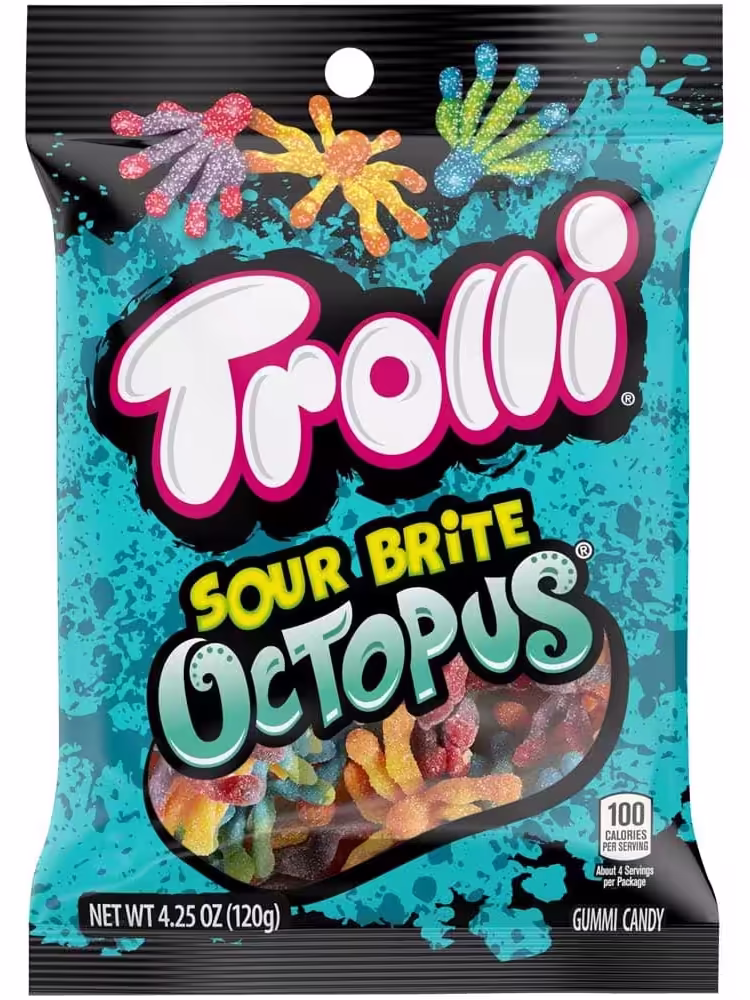 Trolli Sour Brite Octopuses Gummy Candy - Colorful Bag with Fun Octopus-Shaped Gummies in Assorted Flavors Including Blue Raspberry-Lemon, Cherry-Grape, and Strawberry-Orange