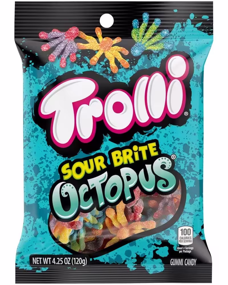 Trolli Sour Brite Octopuses Gummy Candy - Colorful Bag with Fun Octopus-Shaped Gummies in Assorted Flavors Including Blue Raspberry-Lemon, Cherry-Grape, and Strawberry-Orange