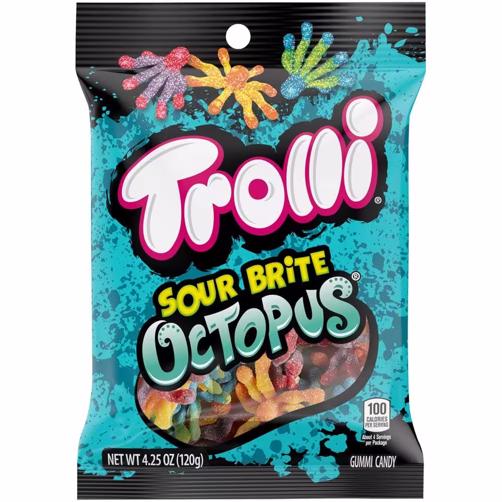 Trolli Sour Brite Octopuses Gummy Candy - Colorful Bag with Fun Octopus-Shaped Gummies in Assorted Flavors Including Blue Raspberry-Lemon, Cherry-Grape, and Strawberry-Orange