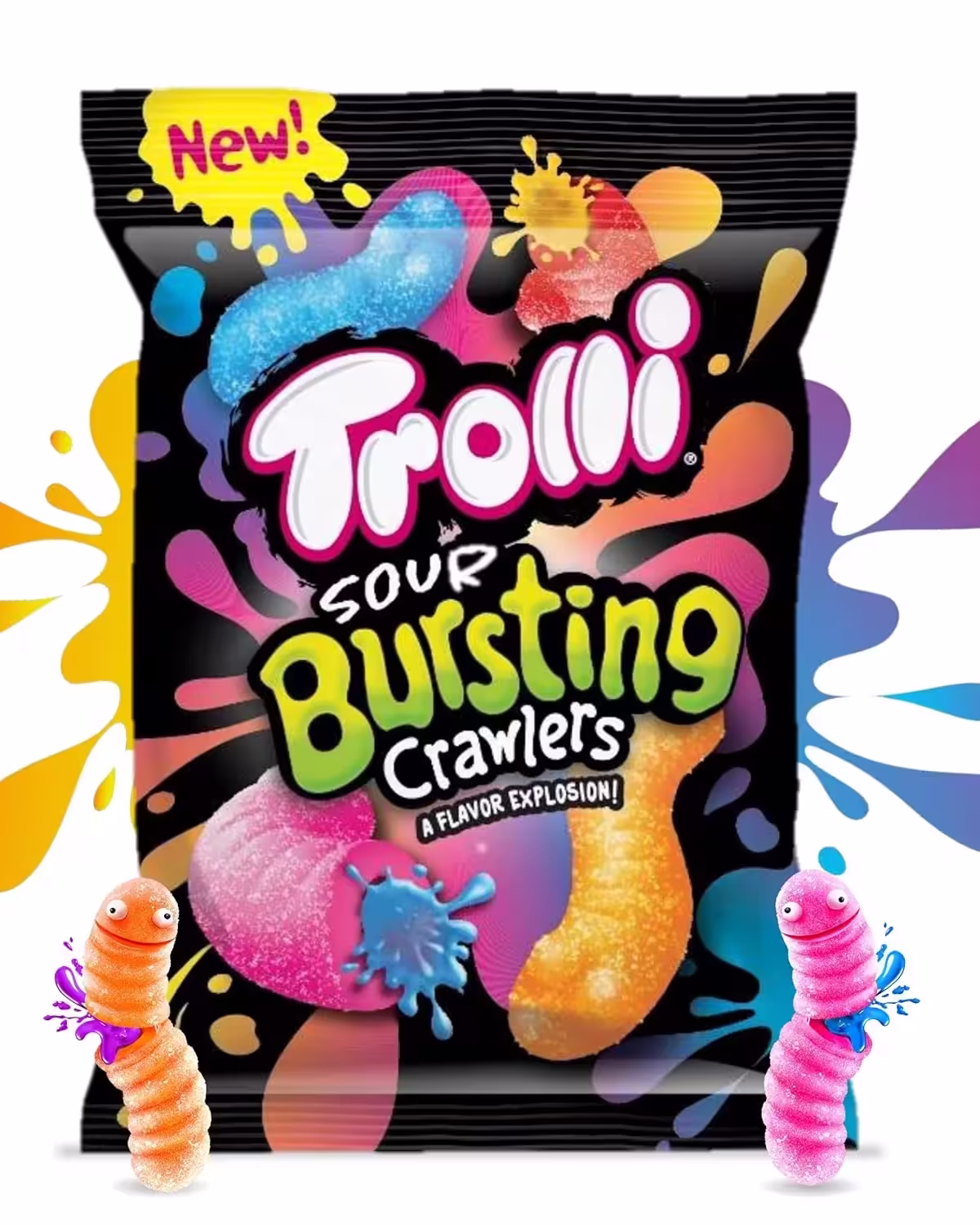 Product image of a 4.25-ounce bag of Trolli Sour Bursting Crawlers gummy worms, featuring dual-textured worms in Cherry with Pineapple, Strawberry with Grape, Blue Raspberry with Strawberry, and Mango with Fruit Punch flavors.