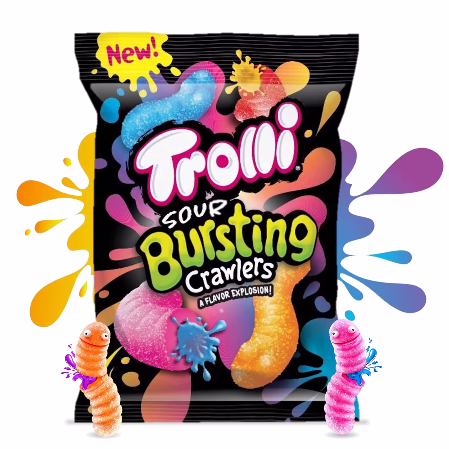 Product image of a 4.25-ounce bag of Trolli Sour Bursting Crawlers gummy worms, featuring dual-textured worms in Cherry with Pineapple, Strawberry with Grape, Blue Raspberry with Strawberry, and Mango with Fruit Punch flavors.