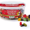 1kg tub of HARIBO Color-Rado gummy treats, featuring a colorful mix of fruit gum, licorice, and pink raspberry-shaped candies, in a resealable plastic container.