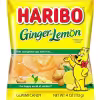 A colorful yellow pack of Haribo Ginger-Lemon Gummies, featuring the refreshing flavor zing of lemon with the warm spice of ginger.