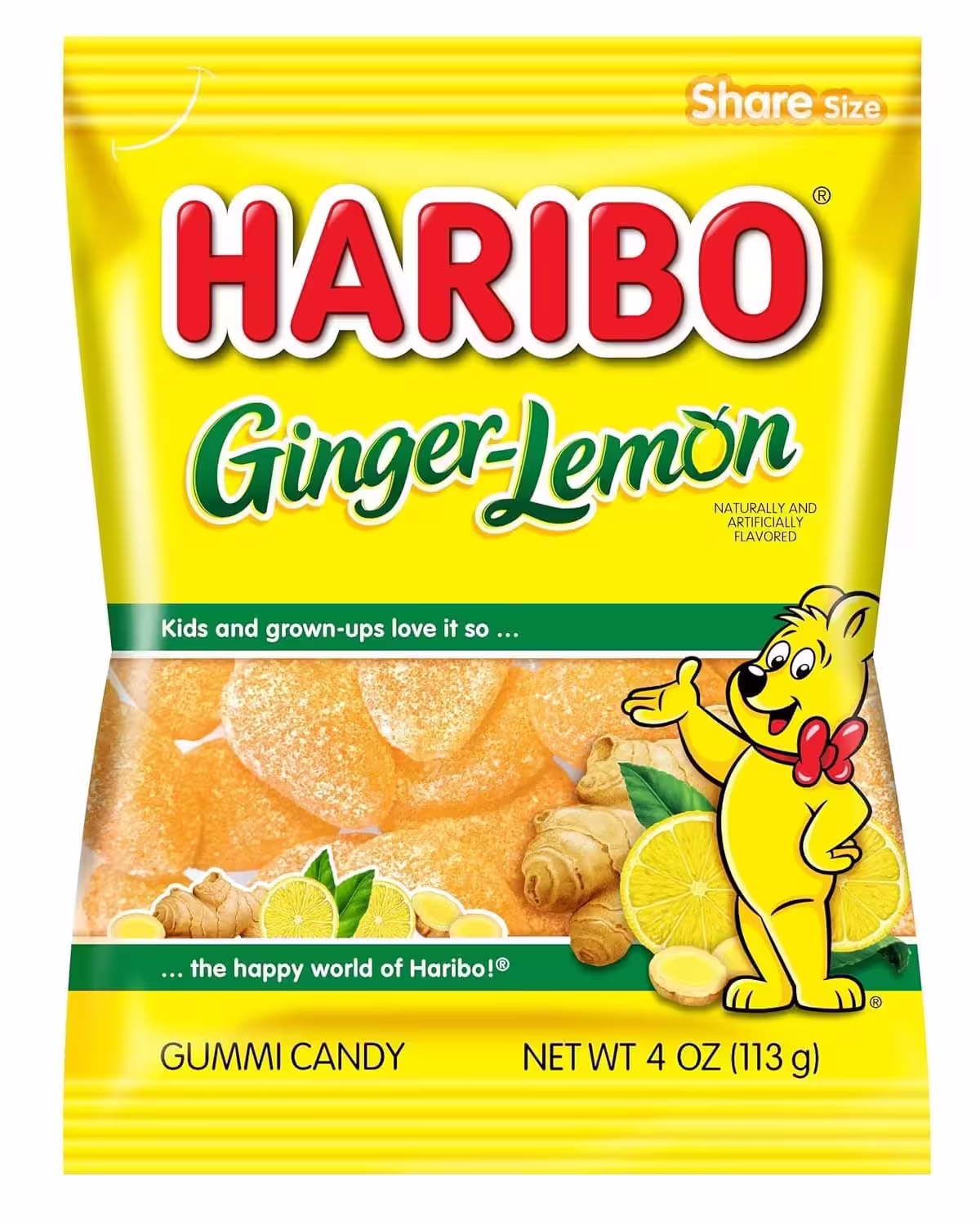 A colorful yellow pack of Haribo Ginger-Lemon Gummies, featuring the refreshing flavor zing of lemon with the warm spice of ginger.