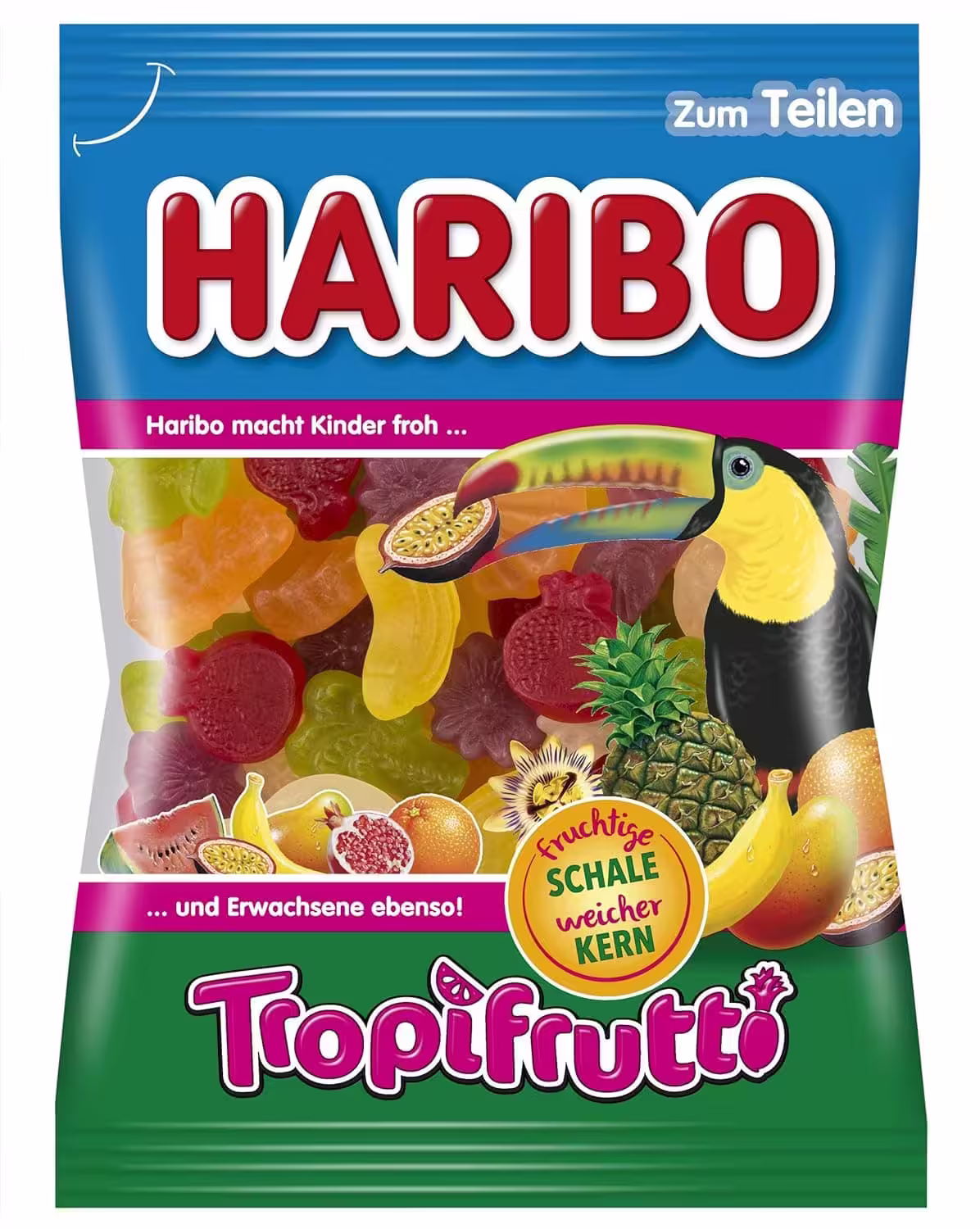 Haribo Tropi-Frutti Gummi Candy 200g Bag featuring colorful, tropical-shaped gummies with flavors like banana, pineapple, and passionfruit.