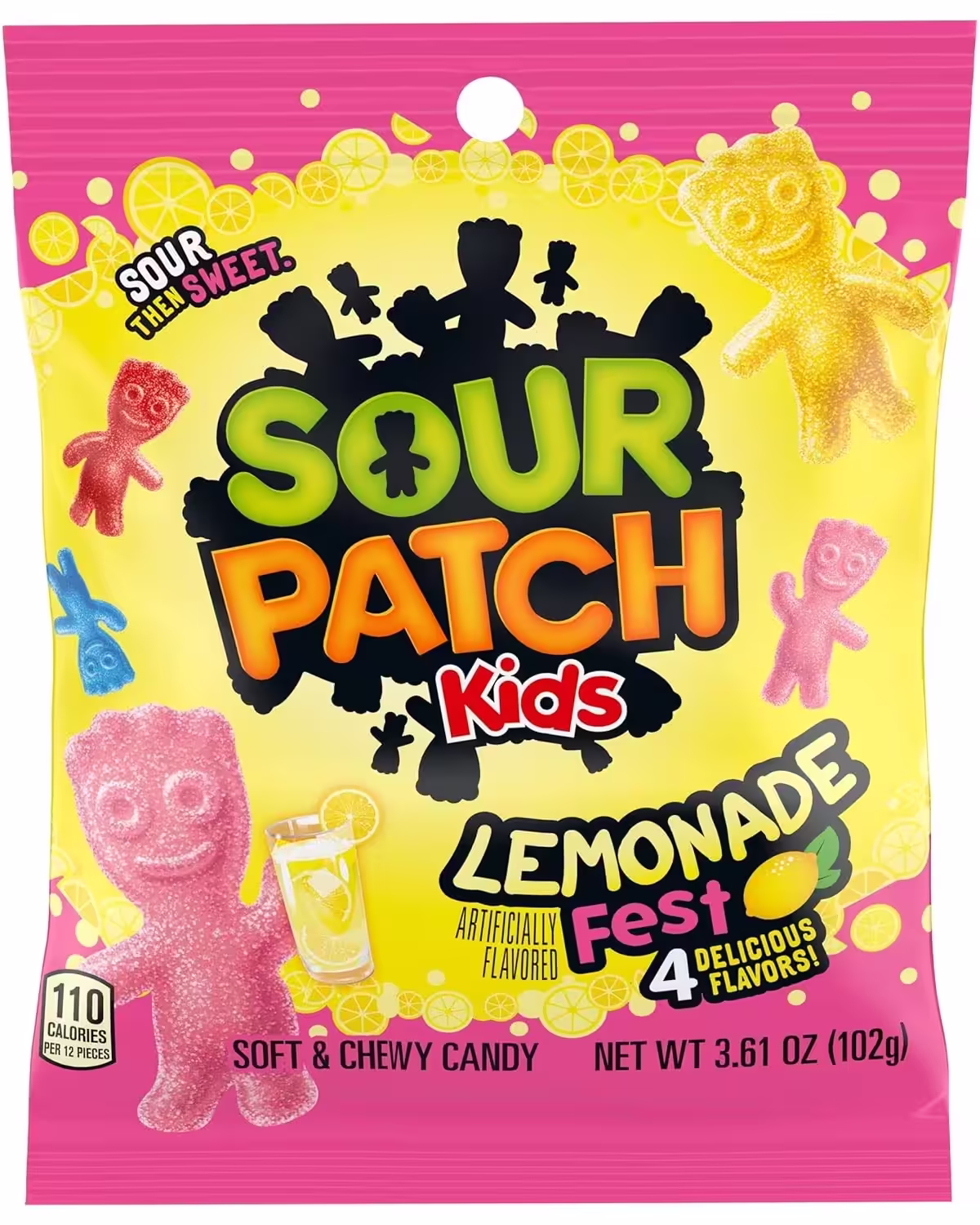 Pack of Sour Patch Kids Lemonade Fest gummies with four flavors: Strawberry Lemonade, Blue Raspberry Lemonade, Cherry Lime Lemonade, and Lemonade.