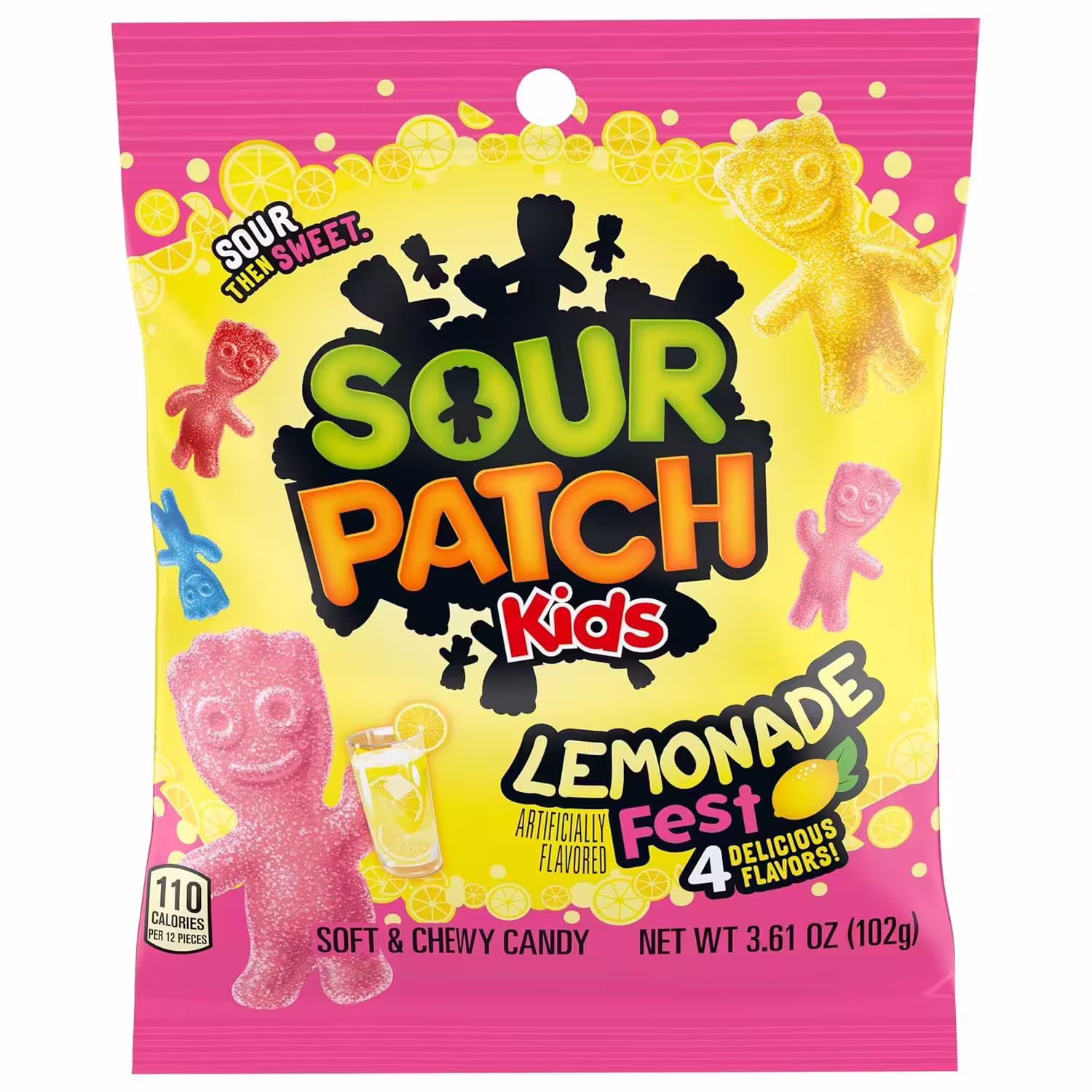 Pack of Sour Patch Kids Lemonade Fest gummies with four flavors: Strawberry Lemonade, Blue Raspberry Lemonade, Cherry Lime Lemonade, and Lemonade.
